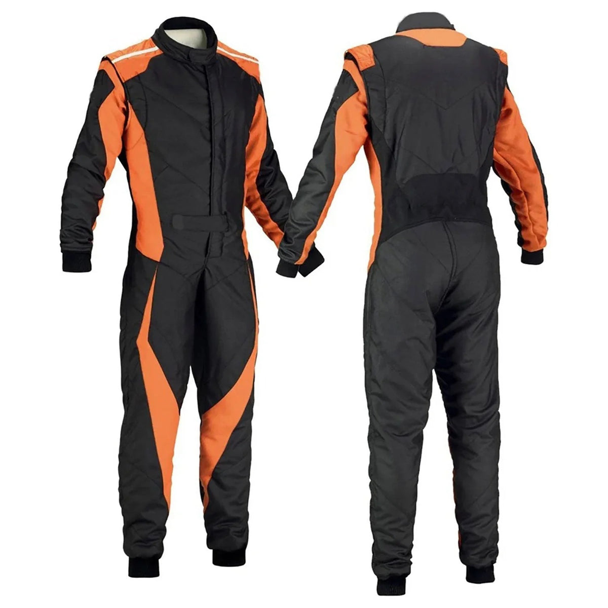 Black and orange racing suit shown from front and back on a white background