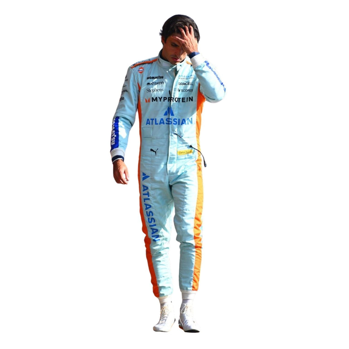 Carlos Sainz 2025 fan race suit, revealing the flexible elastic panel and tailored motorsport fit. A head-turning cosplay outfit for F1 conventions, parties and race day meetups.
