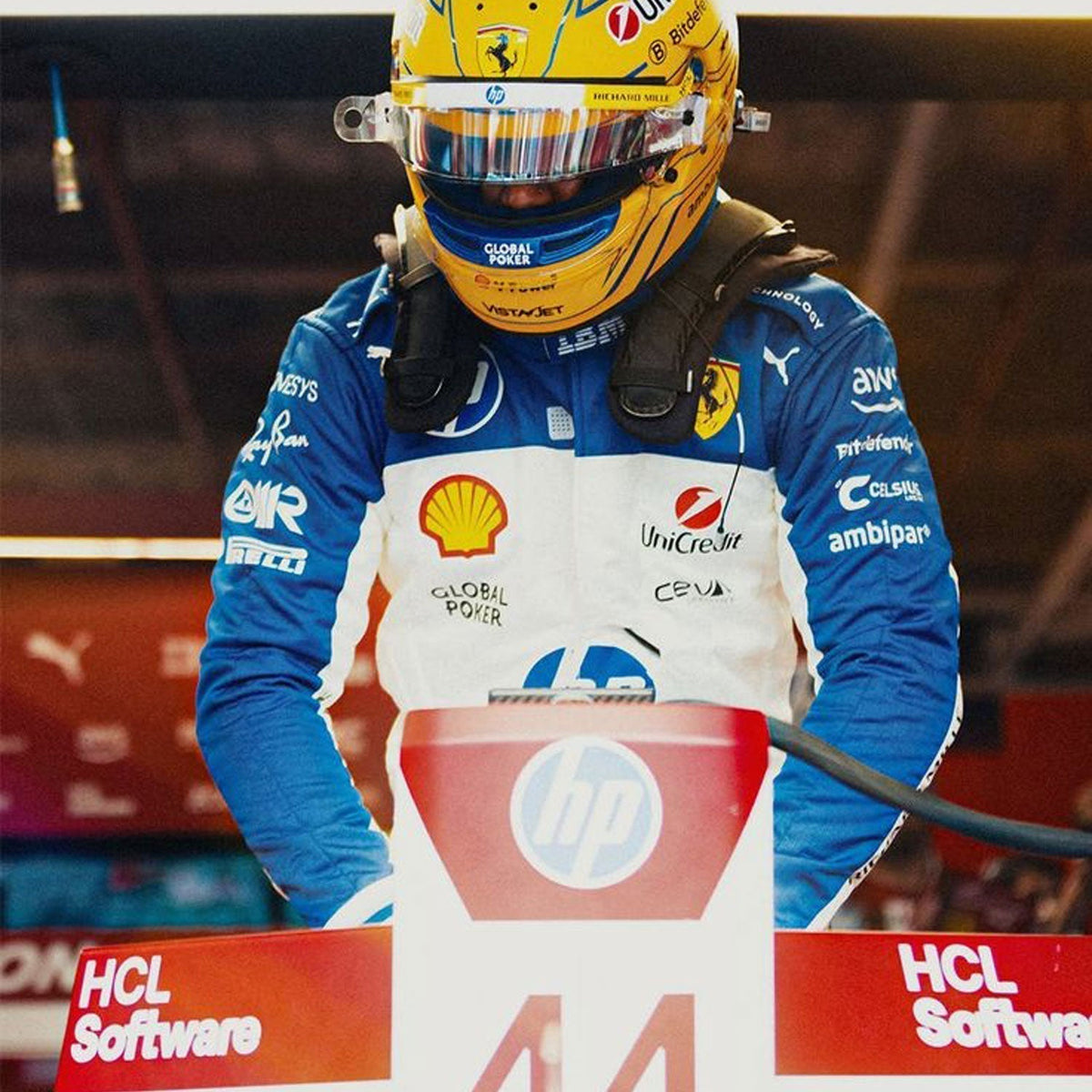 Lewis Hamilton inspired motorsport jumpsuit, laid out to show the printed racing number, belt panel and stretch inserts. A comfortable racing jumpsuit for F1 fans, kart track days and themed parties.