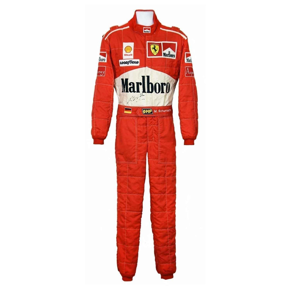 Michael Schumacher 1997 Legends F1 Race Suit in Ferrari race styling, presented with detailed logo placement along the arms and legs. Racing attire built to turn heads in the grandstand, at the kart track or at a costume event.
