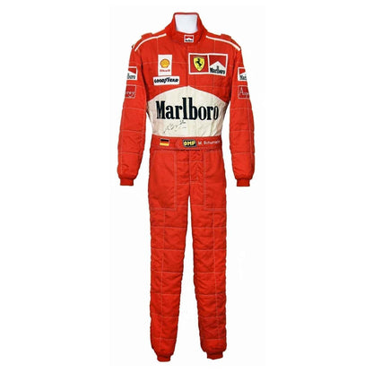 Michael Schumacher 1997 Legends F1 Race Suit in Ferrari race styling, presented with detailed logo placement along the arms and legs. Racing attire built to turn heads in the grandstand, at the kart track or at a costume event.