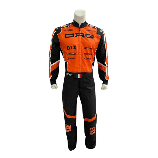 Orange and black racing suit with various logos on a white background