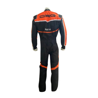 Black and orange racing suit with visible branding on a white background
