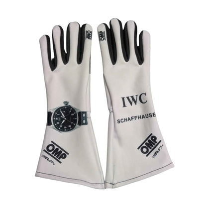 Sonny Hayes 2025 racing gloves, highlighting the printed logos across the back of the hand. Lightweight race attire gloves made for fans, karters and collectors.