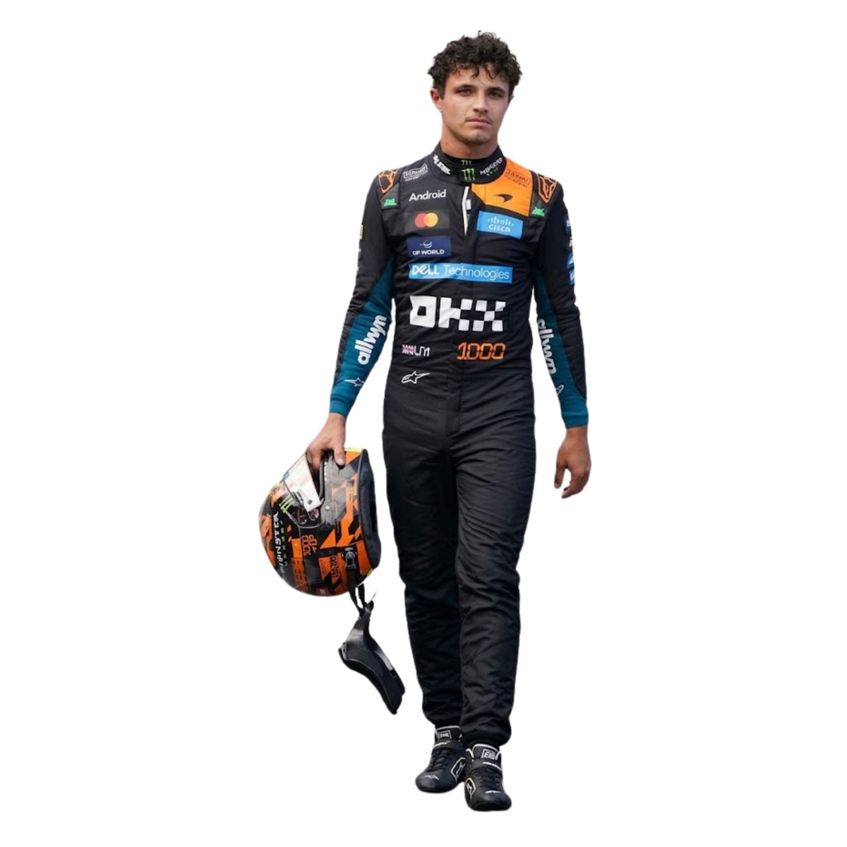 Lando Norris 2026 Race Attire Monte Carlo GP in McLaren race styling, displaying the fitted one-piece cut with elasticated cuffs and a soft collar. An eye-catching cosplay outfit for watch parties, track days and motorsport meetups.