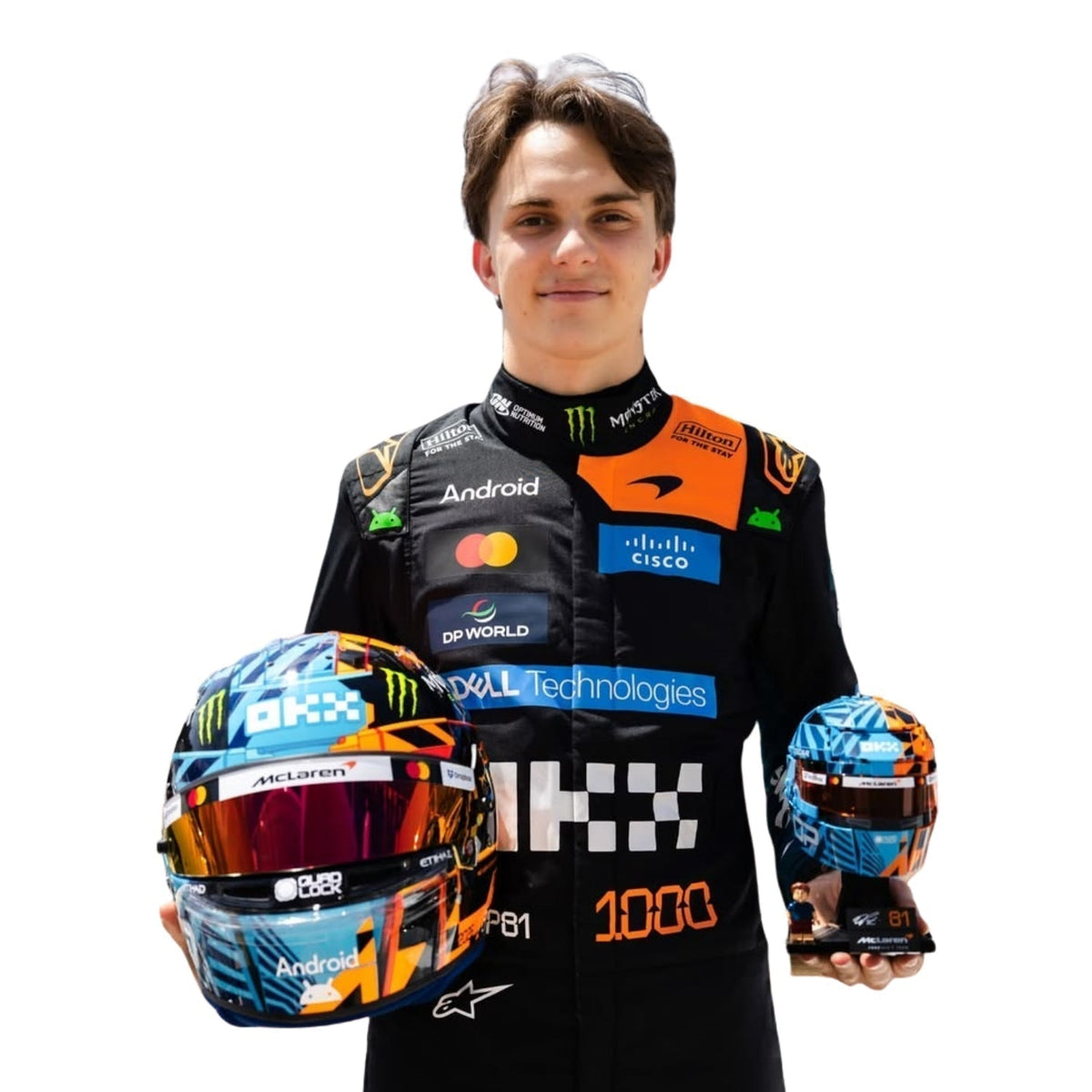 McLaren race suit worn in Oscar Piastri style, revealing the flexible elastic panel and tailored motorsport fit. Stylish racing attire for fans who want to dress like the grid on grand prix weekend.