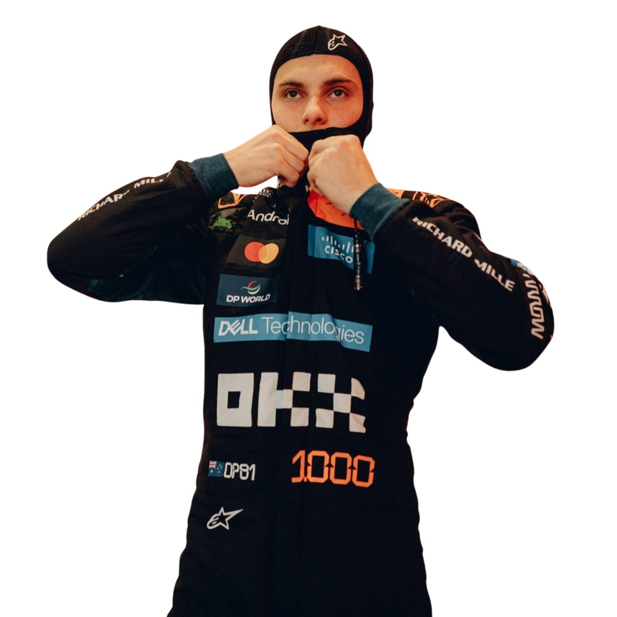 Oscar Piastri 2026 Monaco GP racing costume, showcasing the full-length zip, shoulder epaulettes and race-day silhouette. A standout motorsport cosplay outfit and gift for any fan, karter or collector.