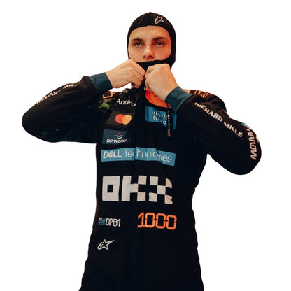 Oscar Piastri 2026 Monaco GP racing costume, showcasing the full-length zip, shoulder epaulettes and race-day silhouette. A standout motorsport cosplay outfit and gift for any fan, karter or collector.