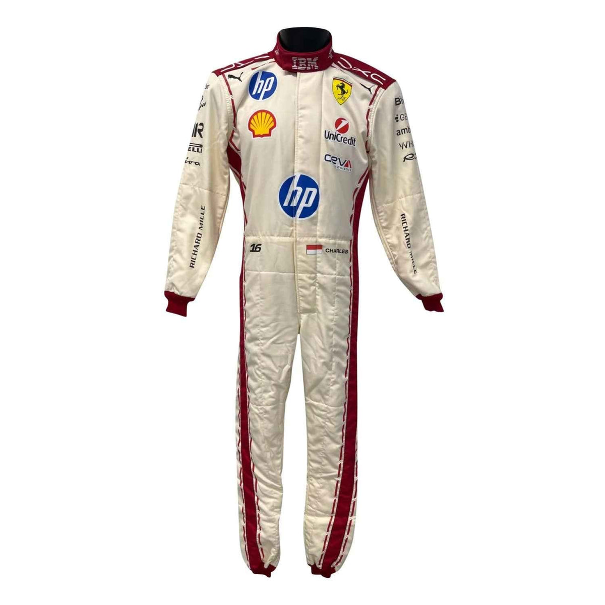 Charles Leclerc 2026 Monaco Grand Prix Race Suit Replica in Ferrari race styling, displaying the fitted one-piece cut with elasticated cuffs and a soft collar. An eye-catching cosplay outfit for watch parties, track days and motorsport meetups.