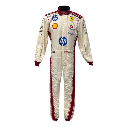 Charles Leclerc 2026 Monaco Grand Prix Race Suit Replica in Ferrari race styling, displaying the fitted one-piece cut with elasticated cuffs and a soft collar. An eye-catching cosplay outfit for watch parties, track days and motorsport meetups.