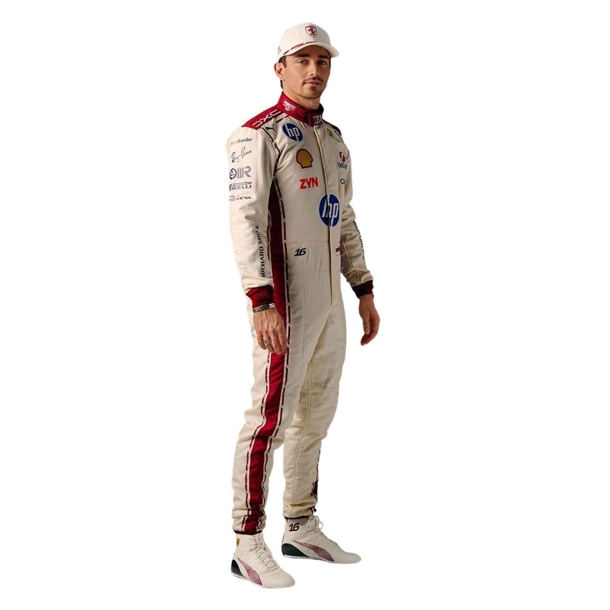 Ferrari race suit worn in Charles Leclerc style, presented with detailed logo placement along the arms and legs. Ideal F1 fan attire for supporters who want to wear the spirit of the grid on race day.