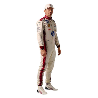 Ferrari race suit worn in Charles Leclerc style, presented with detailed logo placement along the arms and legs. Ideal F1 fan attire for supporters who want to wear the spirit of the grid on race day.