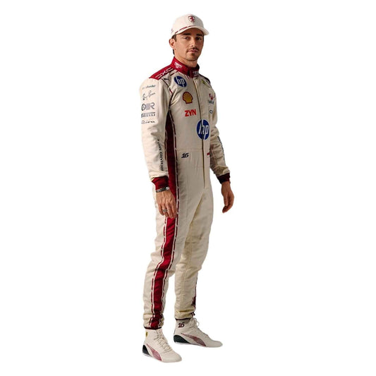 Ferrari race suit worn in Charles Leclerc style, presented with detailed logo placement along the arms and legs. Ideal F1 fan attire for supporters who want to wear the spirit of the grid on race day.