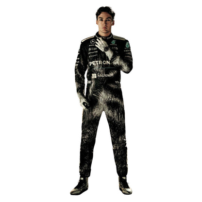 George Russell inspired motorsport jumpsuit, presented with detailed logo placement along the arms and legs. A standout motorsport cosplay outfit and gift for any fan, karter or collector.