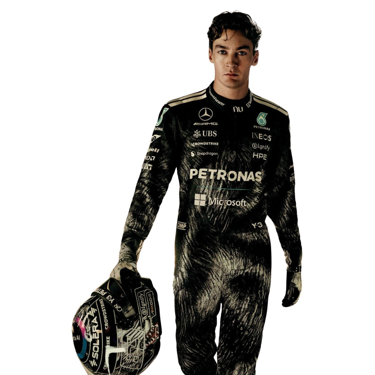 George Russell 2026 Japanese GP racing costume, showcasing the full-length zip, shoulder epaulettes and race-day silhouette. Stylish racing attire for fans who want to dress like the grid on grand prix weekend.