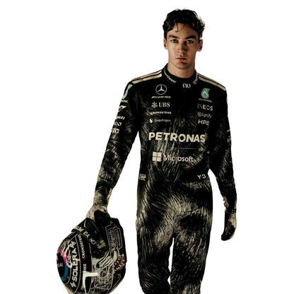 George Russell 2026 Japanese GP racing costume, showcasing the full-length zip, shoulder epaulettes and race-day silhouette. Stylish racing attire for fans who want to dress like the grid on grand prix weekend.