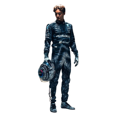 Mercedes race suit worn in George Russell style, revealing the flexible elastic panel and tailored motorsport fit. A bold motorsport jumpsuit that makes a great cosplay outfit on grand prix weekend.