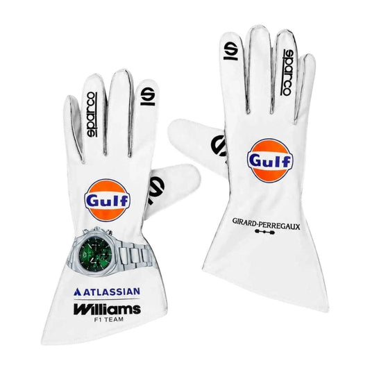 Sainz and Albon 2026 Replica F1 Race Gloves in Williams race styling, showing the ergonomic finger shape and soft palm grip. Great race day attire for fans at the circuit, the kart track or a watch party.