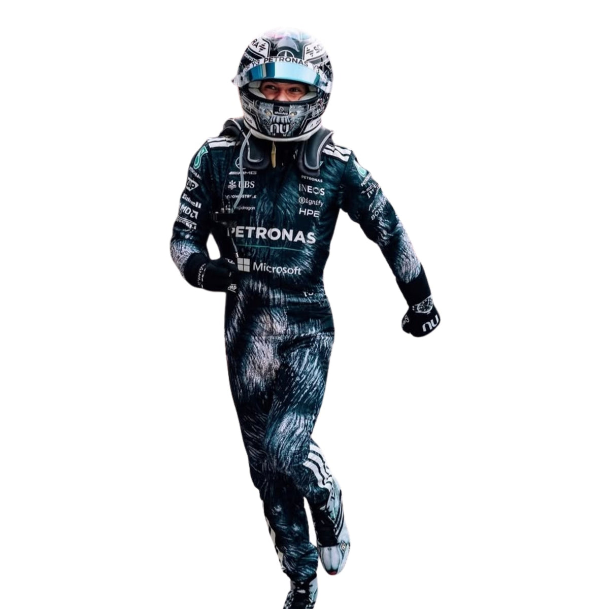 Printed Mercedes 2026 racing outfit for Kimi Antonelli fans, highlighting bold colour blocking and crisp sublimated artwork. An eye-catching cosplay outfit for watch parties, track days and motorsport meetups.