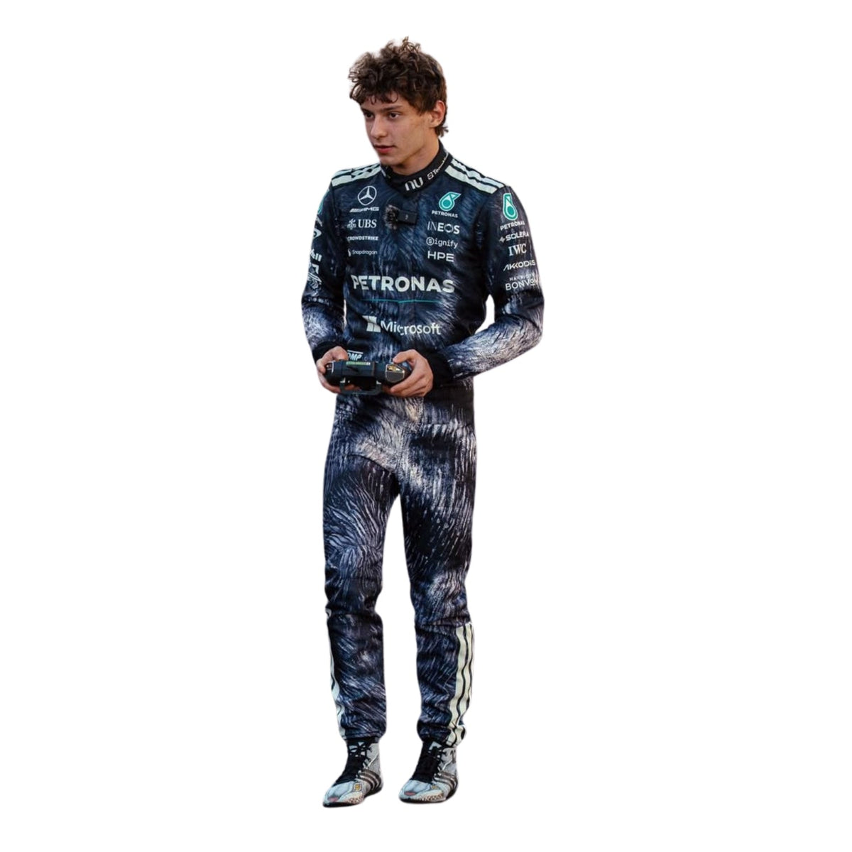 Mercedes race suit worn in Kimi Antonelli style, revealing the flexible elastic panel and tailored motorsport fit. A great F1 cosplay outfit for fans heading to a grand prix, a karting session or a themed party.
