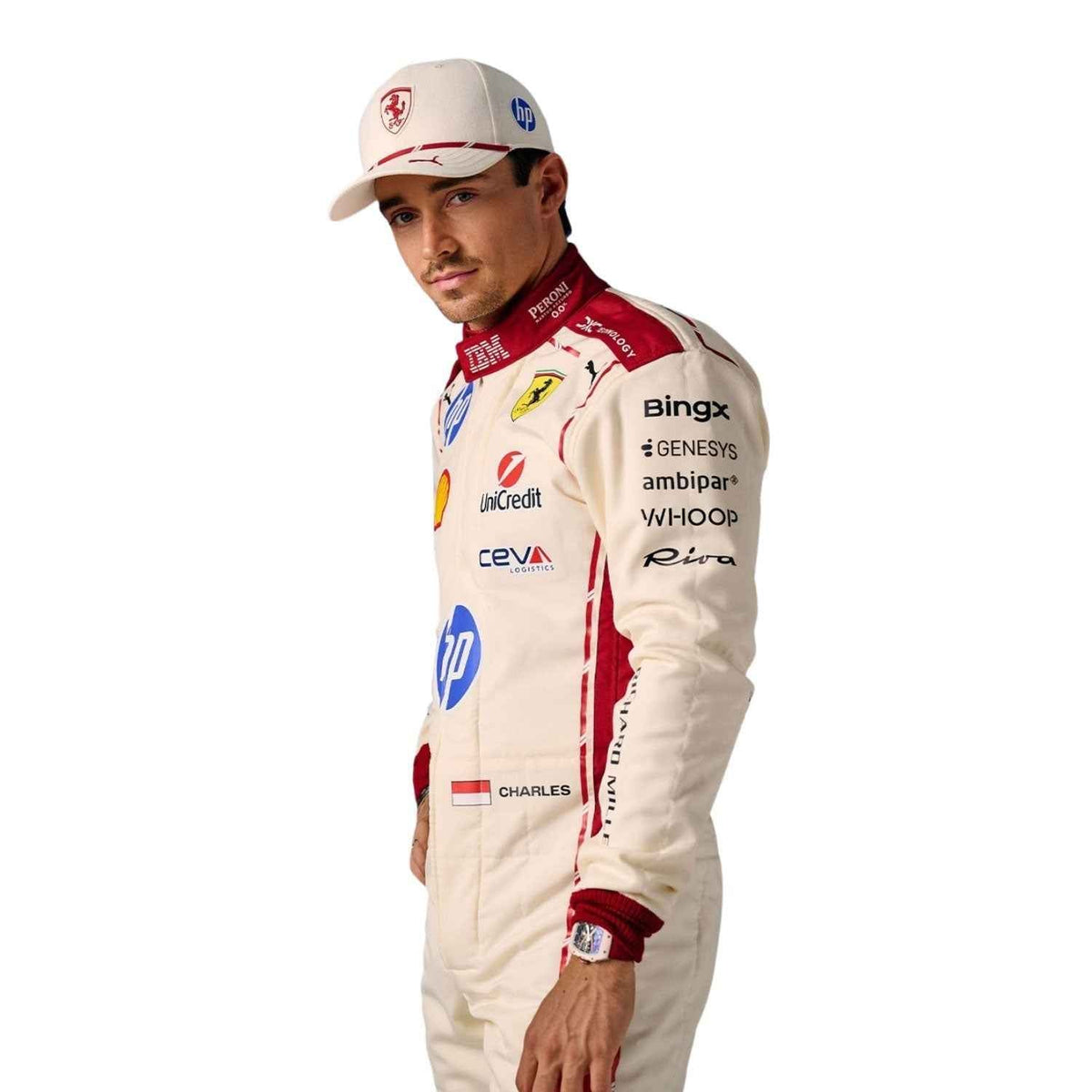 Printed Ferrari 2026 racing outfit for Charles Leclerc fans, revealing the flexible elastic panel and tailored motorsport fit. A comfortable racing jumpsuit for F1 fans, kart track days and themed parties.
