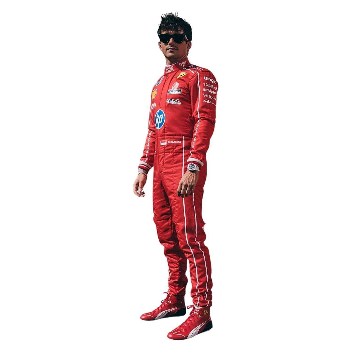 Charles Leclerc 2026 Italian Grand Prix Race Suit in Ferrari race styling, highlighting bold colour blocking and crisp sublimated artwork. Perfect grand prix attire for fans who want a race-ready look at the circuit or at home.