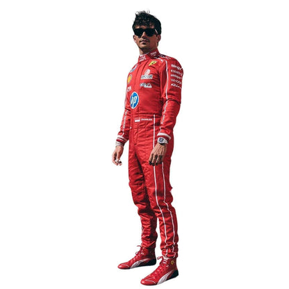 Charles Leclerc 2026 Italian Grand Prix Race Suit in Ferrari race styling, highlighting bold colour blocking and crisp sublimated artwork. Perfect grand prix attire for fans who want a race-ready look at the circuit or at home.