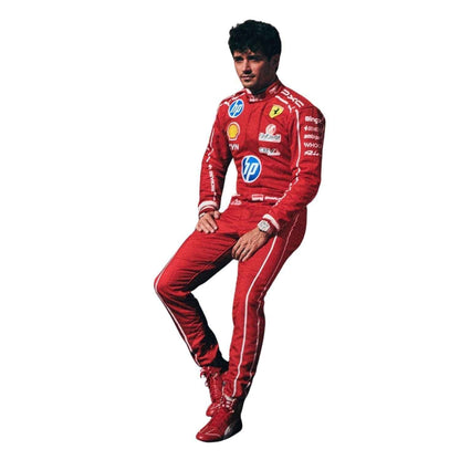 Ferrari race suit worn in Charles Leclerc style, showcasing the full-length zip, shoulder epaulettes and race-day silhouette. Stylish racing attire for fans who want to dress like the grid on grand prix weekend.