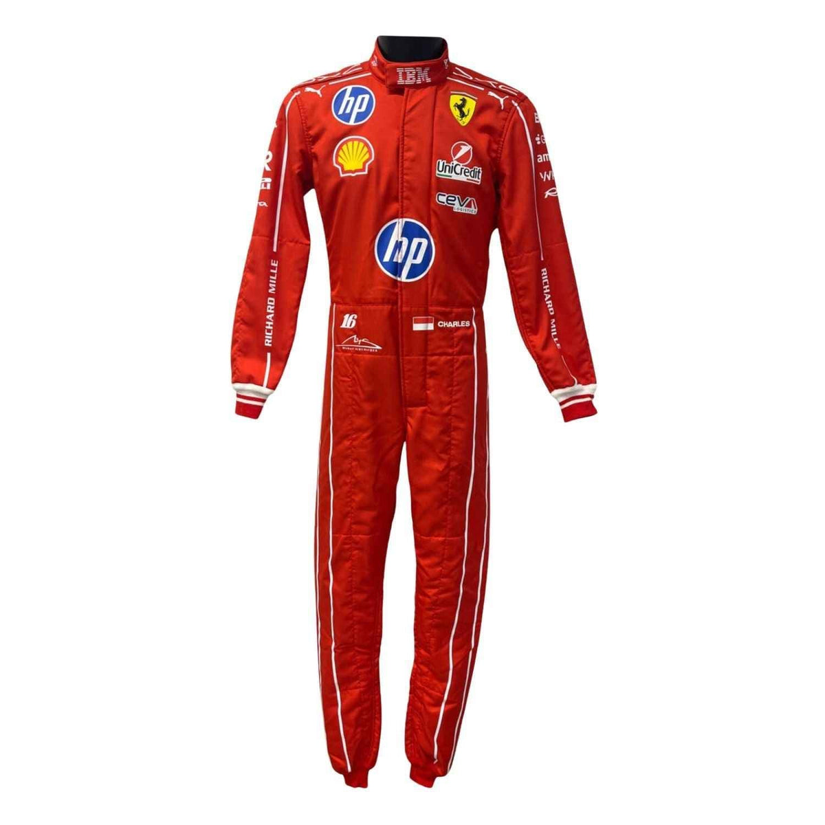 Charles Leclerc inspired motorsport jumpsuit, displaying the fitted one-piece cut with elasticated cuffs and a soft collar. Racing attire built to turn heads in the grandstand, at the kart track or at a costume event.