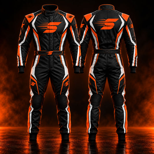 Two views of a black racing suit with bright orange and white accents, shown from the front and back against a dark smoky background with orange glow.