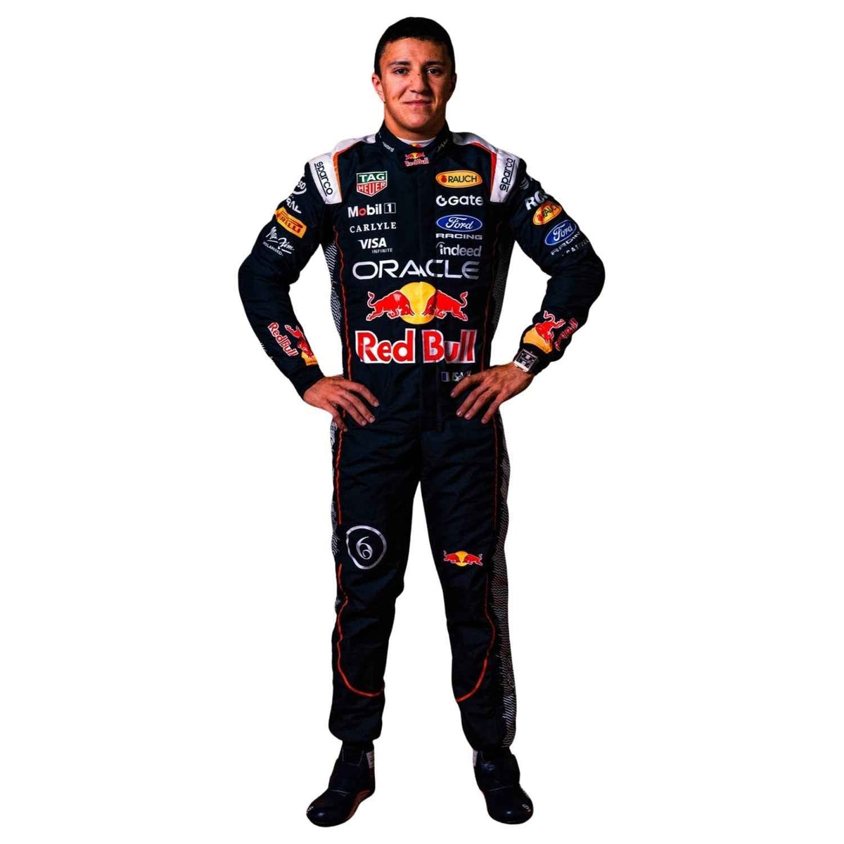 Isack Hadjar Zandvoort 2026 Racing Suit Replica in Red Bull race styling, showing sharp sponsor-style graphics across the chest and sleeves. A great F1 cosplay outfit for fans heading to a grand prix, a karting session or a themed party.