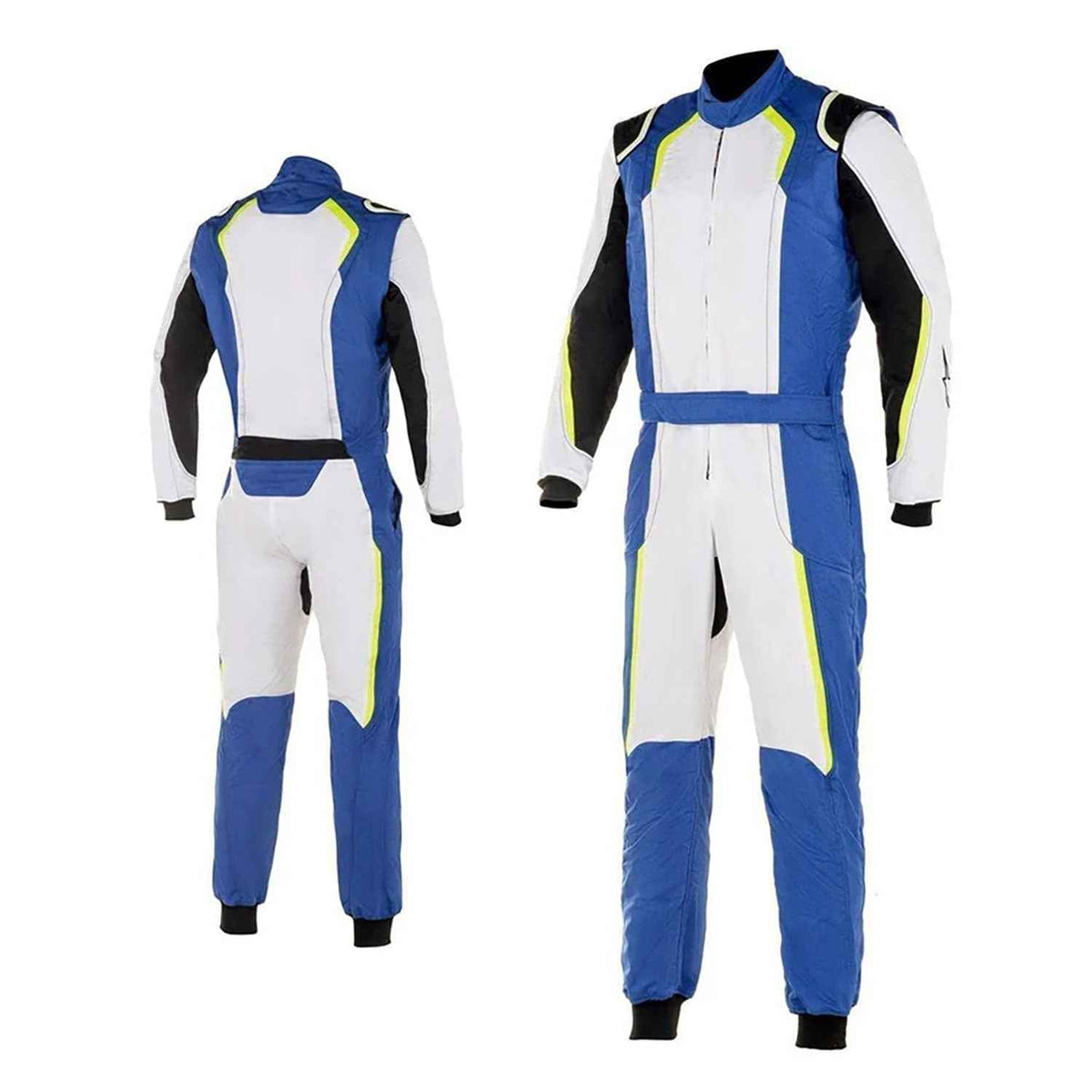 white and royal blue custom kart race wear, capturing the smooth Cordura outer shell and clean printed finish. Comfortable karting attire for club races, rental karts and track days.