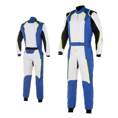 white and royal blue custom kart race wear, capturing the smooth Cordura outer shell and clean printed finish. Comfortable karting attire for club races, rental karts and track days.