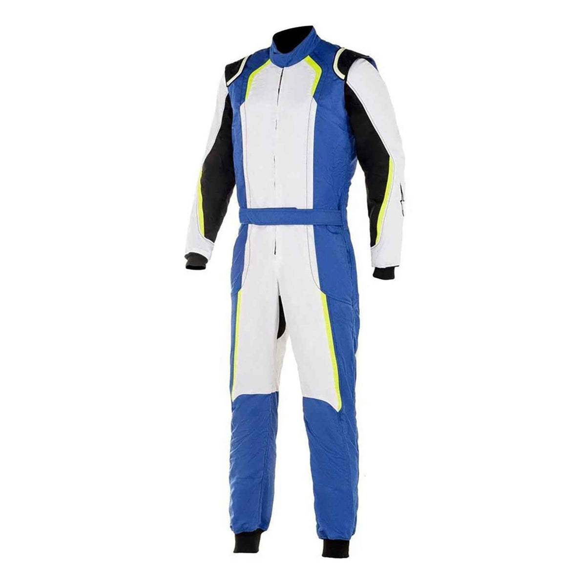White and Royal Blue Custom Karting Driver Suit in white and royal blue custom styling, shown as a complete two-layer racing costume ready for fans and karters. A bold racing jumpsuit that also works as a motorsport cosplay outfit.