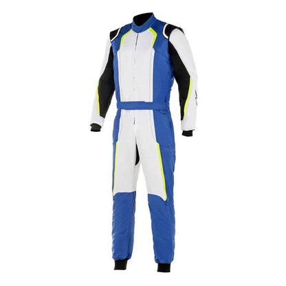 White and Royal Blue Custom Karting Driver Suit in white and royal blue custom styling, shown as a complete two-layer racing costume ready for fans and karters. A bold racing jumpsuit that also works as a motorsport cosplay outfit.