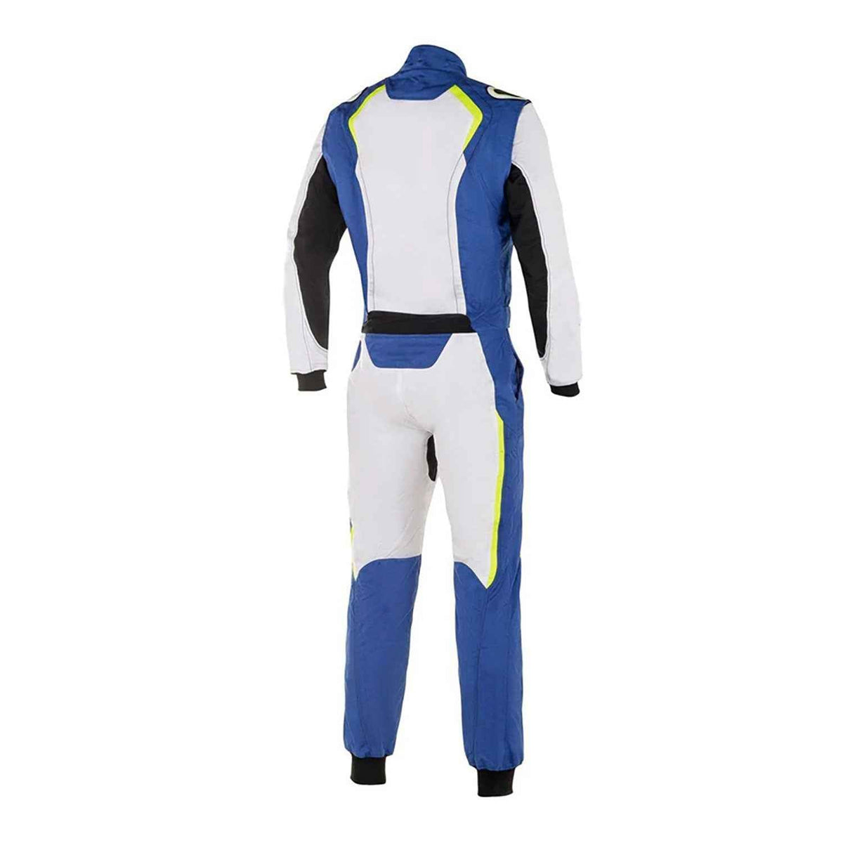 White and Royal Blue karting attire, showing sharp sponsor-style graphics across the chest and sleeves. Great karting attire for kids and adults who want to stand out on the grid.