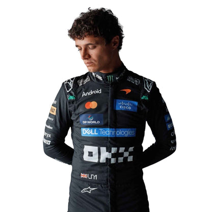 2026 Monza GP Lando Norris Racing Suit in McLaren race styling, presented with detailed logo placement along the arms and legs. Racing attire built to turn heads in the grandstand, at the kart track or at a costume event.