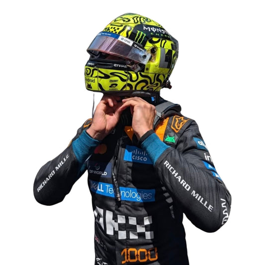 Lando Norris 2026 Monaco GP racing costume, showcasing the full-length zip, shoulder epaulettes and race-day silhouette. A head-turning cosplay outfit for F1 conventions, parties and race day meetups.