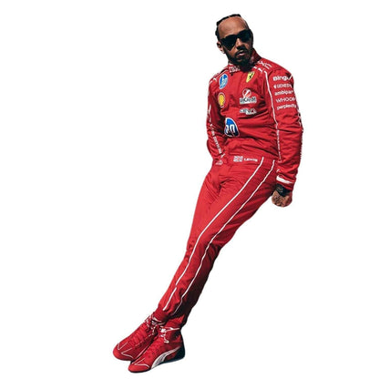 Replica Race Costume Lewis Hamilton Monza 2026 in Ferrari race styling, laid out to show the printed racing number, belt panel and stretch inserts. Stylish race day attire made for race weekends, kart track days and cosplay events alike.