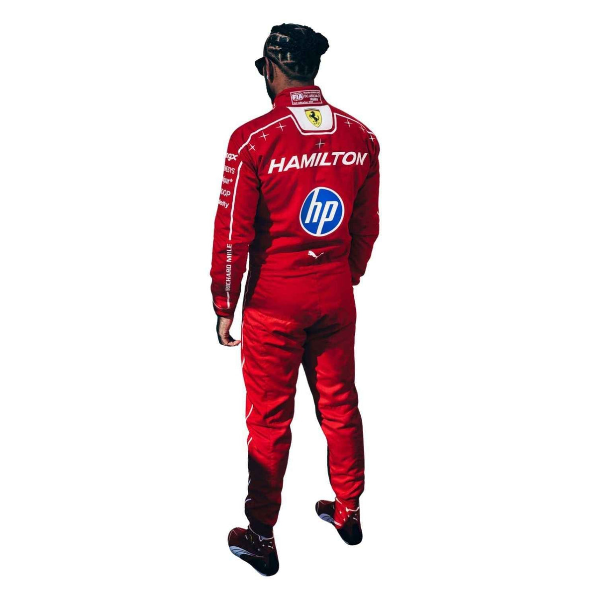Lewis Hamilton 2026 fan race suit, revealing the flexible elastic panel and tailored motorsport fit. A great F1 cosplay outfit for fans heading to a grand prix, a karting session or a themed party.