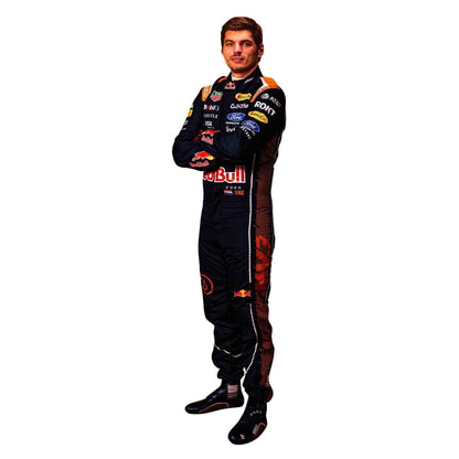 Max Verstappen 2026 Dutch GP Race Suit in Red Bull race styling, capturing the smooth Cordura outer shell and clean printed finish. A bold motorsport jumpsuit that makes a great cosplay outfit on grand prix weekend.