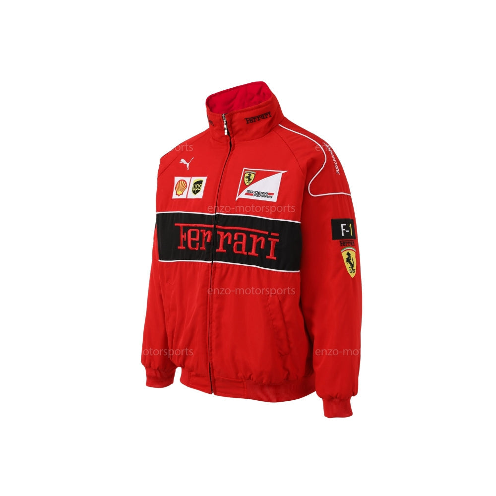 Retro Ferrari fan jacket with a full-length zip and side pockets, cut in a relaxed bomber shape. Vintage racing attire that layers over a hoodie or shirt.