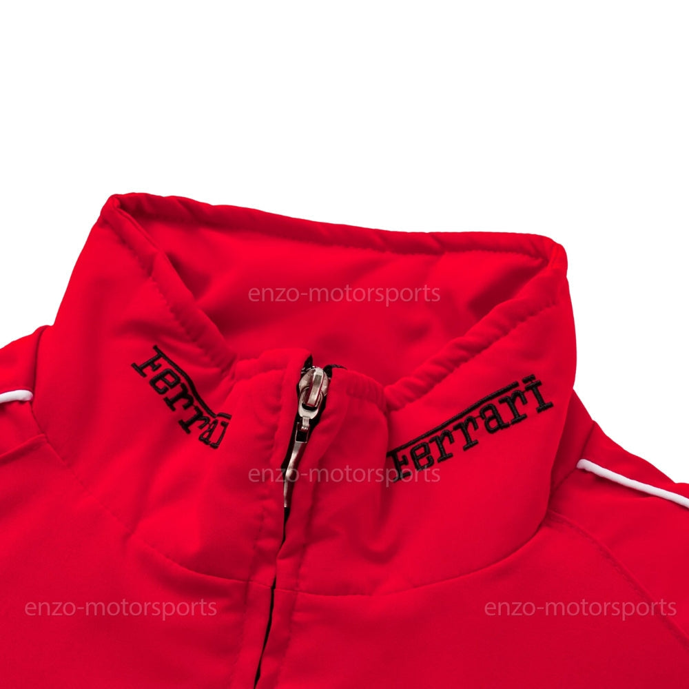 Red and black embroidered racing bomber jacket inspired by five championship seasons. A head-turning piece for collectors of classic motorsport gear.