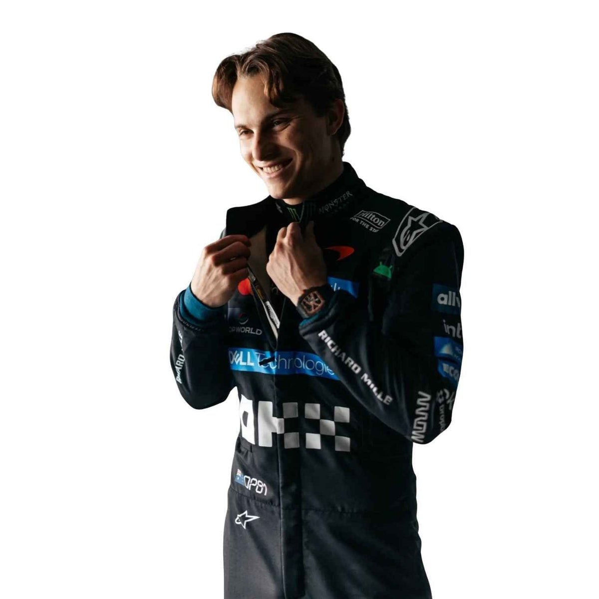 Oscar Piastri Italian GP 2026 Racing Costume Replica in McLaren race styling, displaying the fitted one-piece cut with elasticated cuffs and a soft collar. An eye-catching cosplay outfit for watch parties, track days and motorsport meetups.