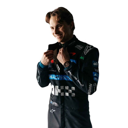 Oscar Piastri Italian GP 2026 Racing Costume Replica in McLaren race styling, displaying the fitted one-piece cut with elasticated cuffs and a soft collar. An eye-catching cosplay outfit for watch parties, track days and motorsport meetups.
