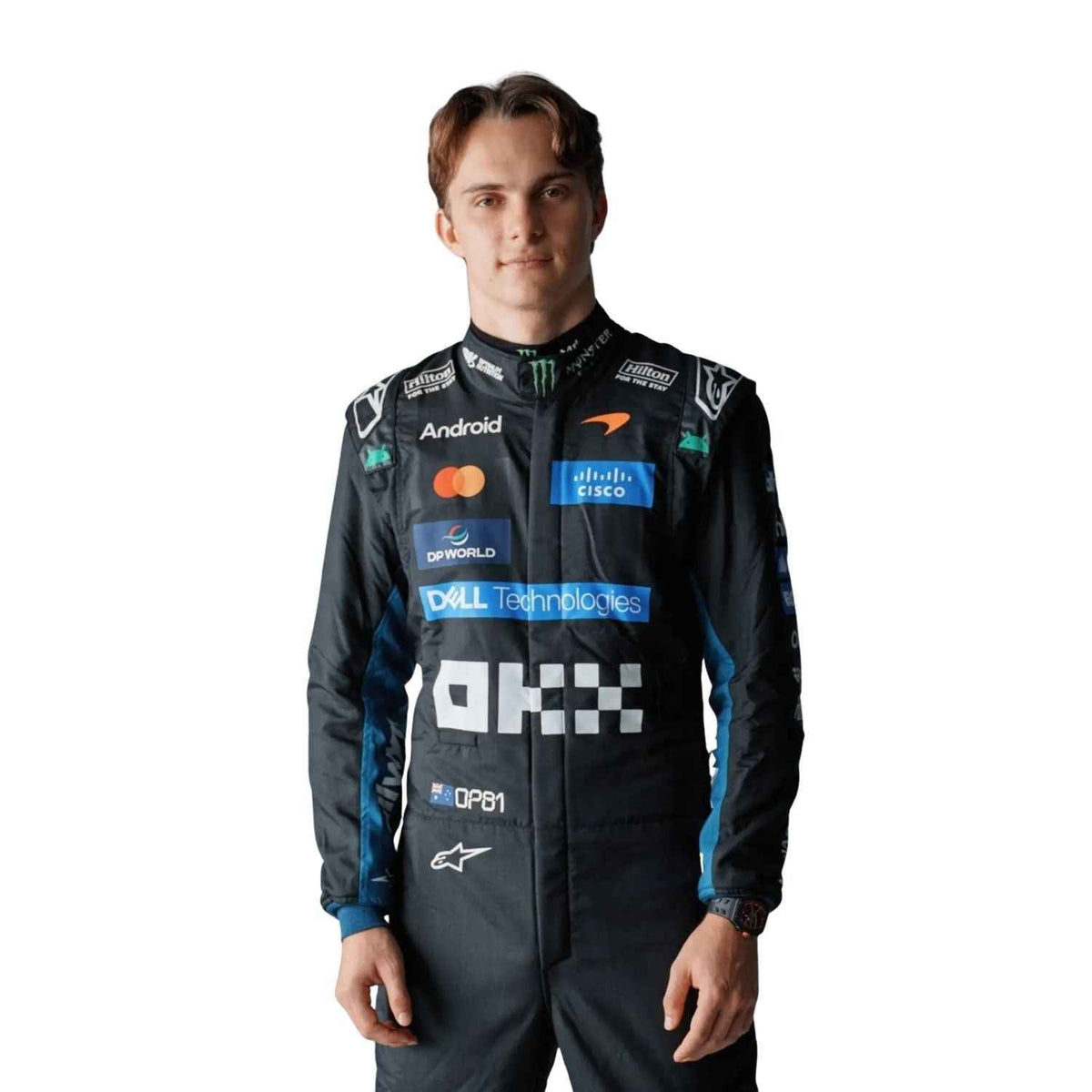 Oscar Piastri 2026 Italian GP racing costume, presented with detailed logo placement along the arms and legs. Ideal F1 fan attire for supporters who want to wear the spirit of the grid on race day.