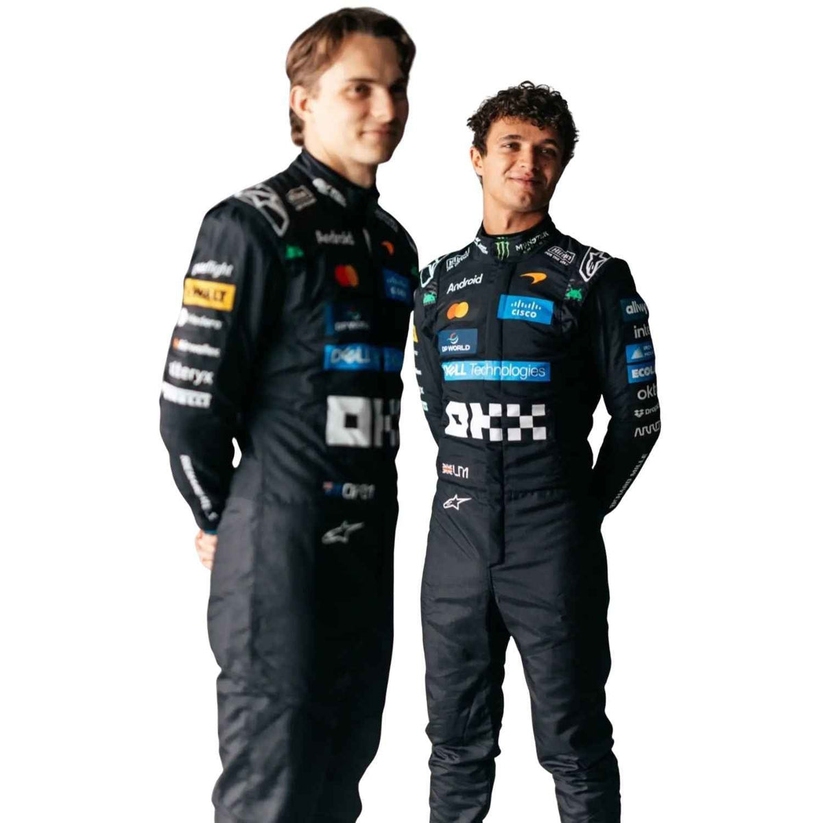 Oscar Piastri 2026 fan race suit, revealing the flexible elastic panel and tailored motorsport fit. A comfortable racing jumpsuit for F1 fans, kart track days and themed parties.