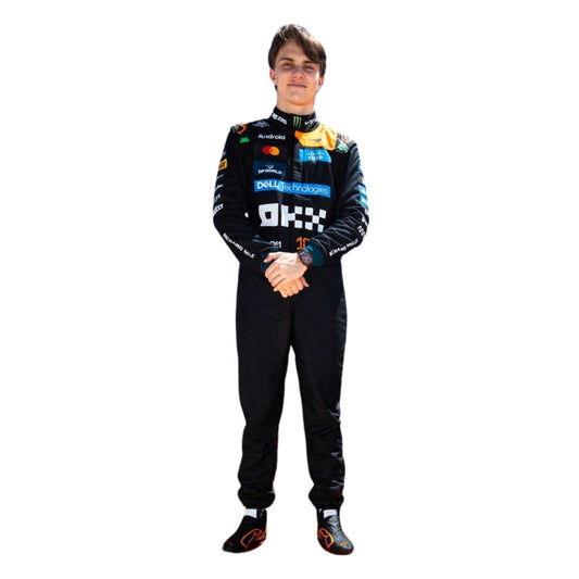 Oscar Piastri Monaco GP 2026 Racing Costume Replica in McLaren race styling, presented with detailed logo placement along the arms and legs. Racing attire built to turn heads in the grandstand, at the kart track or at a costume event.