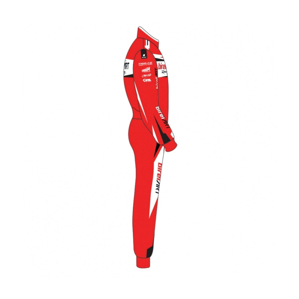 Red Birel ART go kart racing jumpsuit, laid out to show the printed racing number, belt panel and stretch inserts. Great karting attire for kids and adults who want to stand out on the grid.