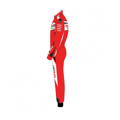 Red Birel ART karting attire, showing sharp sponsor-style graphics across the chest and sleeves. Comfortable karting attire for club races, rental karts and track days.